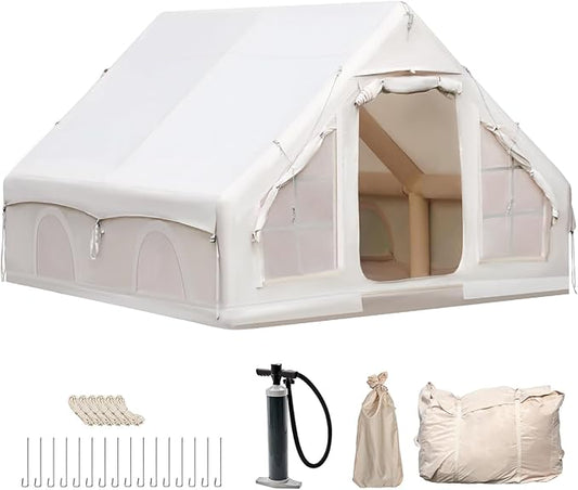 Inflatable Camping Tent, Glamping Inflatable Tent for Camping, 4 Season Water&Windproof Outdoor Oxford Blow Up Cabin Tent with Mesh Windows & Doors for 4-8 People Camping