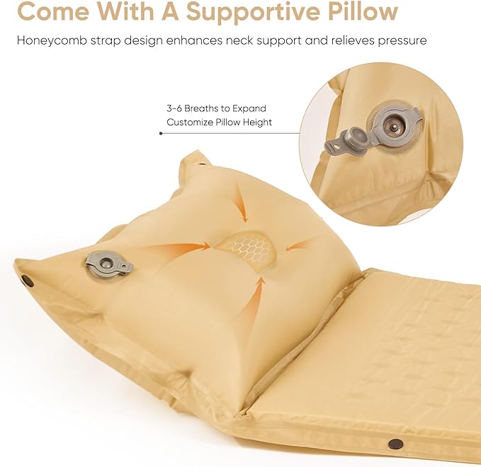 Naturehike Self-Inflating Sleeping Pad with Pillow, Patchwork Sleeping Pad for Camping Backpacking Hiking Traveling Tent（Yellow）