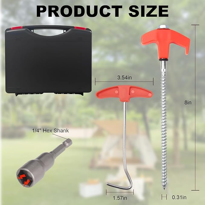 4 Pcs Tent Stakes Heavy Duty, 8 inch Ground Anchors Screw in, Screw in Tent Stakes, Camping Stakes with Storage Box, Threaded Tent Spikes with Hex Head Driver and Stake Puller, Ground Stakes