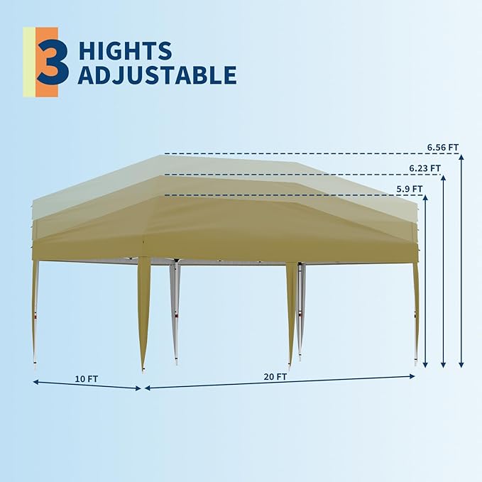 10x20 Pop Up Canopy Tent Outdoor Canopy with No Removable Sidewall One-Person Set Up Heavy Duty Commercial Instant Tent Shelter-Khaki