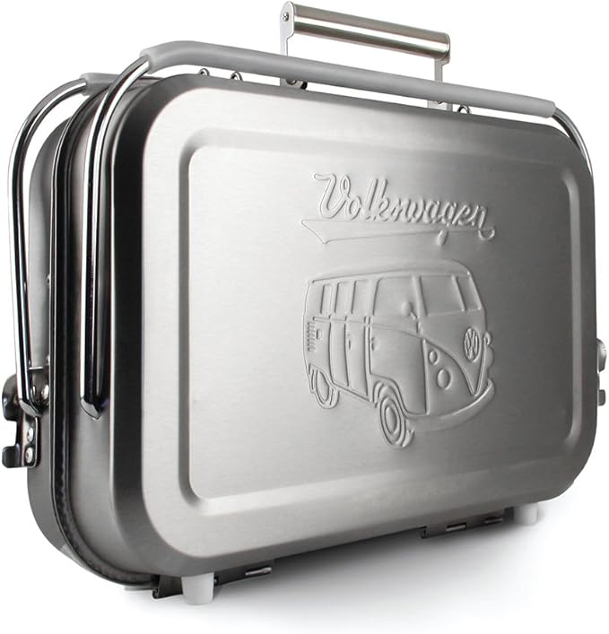 BRISA VW Collection - Volkswagen Portable Suitcase Grill with Grill Grate, Charcoal Catcher & Stainless Steel Handle in T1 Bus Design (Silhouette/Silver)