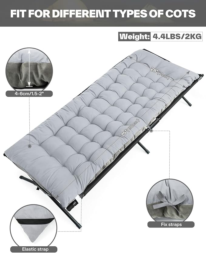 Sportneer Cot Mattress: 1.5-2" Thick Soft Camping Cot Mattress Pad - 75"x28" Folding Cot Topper with Fix Straps for Single Bed, Camp Cot, RV Bunk - Comfortable & Portable