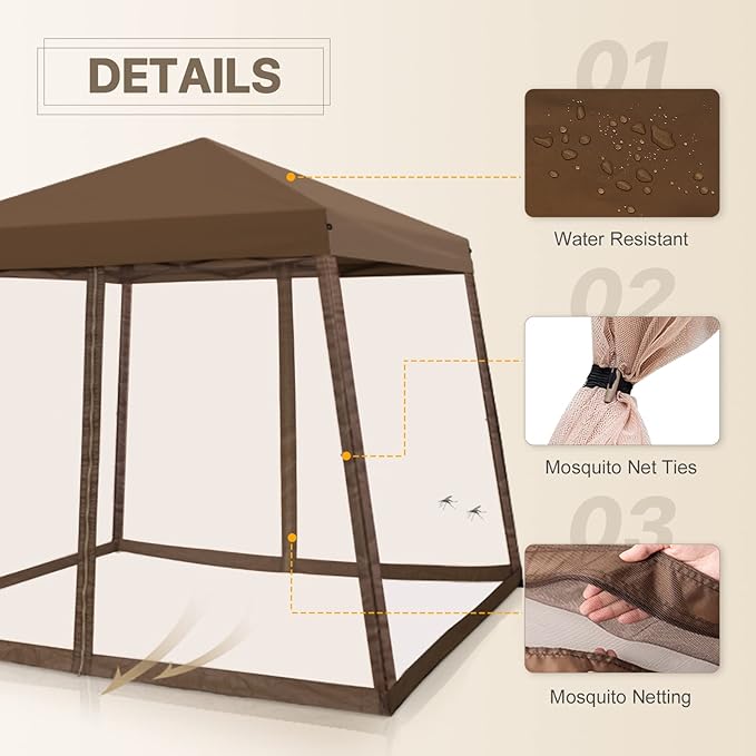 COOS BAY 10x10 Pop Up Canopy Tent with Screen Netting, Slant Leg Canopy with UPF 50+ UV Protection, 64 Sq Ft Shade, One Person Setup with Carry Bag, Brown