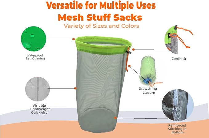 Alemon Small to XXlarge 5 Pcs Drawstring Mesh Stuff Sack, Ditty Bags Storage Pouch Bags Sleeping Bag for Travel Camping Hiking, Ultralight, Set of 5