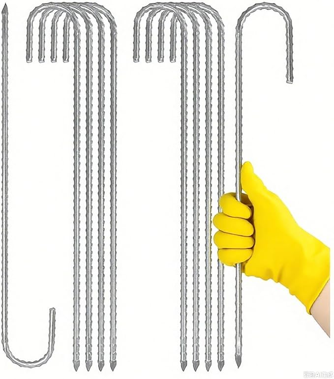 RM1009 12 inch J Shaped 10-Pack Fence Stakes Heavy Duty Rebar Ground Stakes Anchor Tent Metal Stakes for Outdoor Canopy Decorations Inflatables (J-Shape-Silvery, J-12 * 5/16"-10PACK)