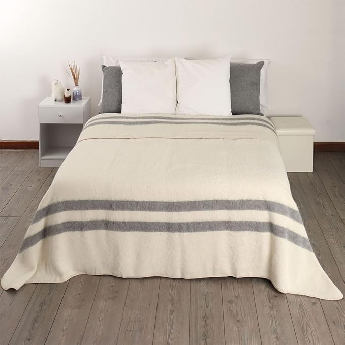 Thick Alpaca Wool Blanket Heavyweight Camping Outdoors Indoors Soft Peru King Size Stripes Design (Ivory - Soft Gray, King Size)