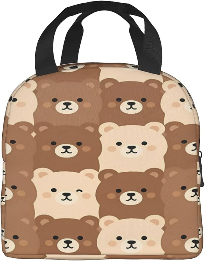 cute brown and beige bear faces Insulated Lunch Bag Oxford Cloth & Thick Foil Cooler Warmer Tote Waterproof Wear-Resistant with Front Pocket for Work Picnic Outdoor Travel