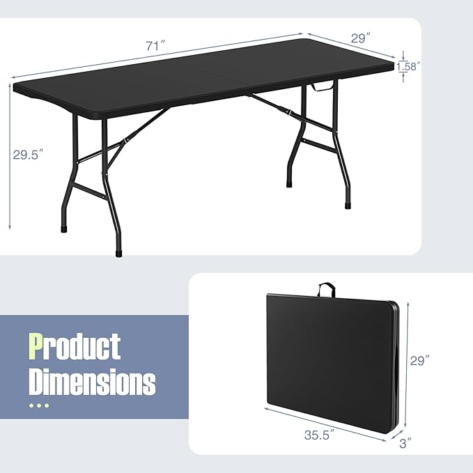 Folding Table, HDPE Portable Table with 6 ft Long Tabletop, Metal Frame Picnic Camping Table with Safe Lock, Collapsible Dining Table for Camping, Picnic, Party (Black, 6 FT)