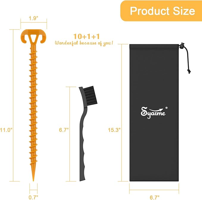 Sand Stakes Beach Ground Anchor 11" Sand Stake,On The Beach and Lawn for Securing Animals,Tents,Canopies and Beach Blankets Etc,Tent Stakes 10pc-Pack Spiral Anchor Stakes,Includes Brush and Bag
