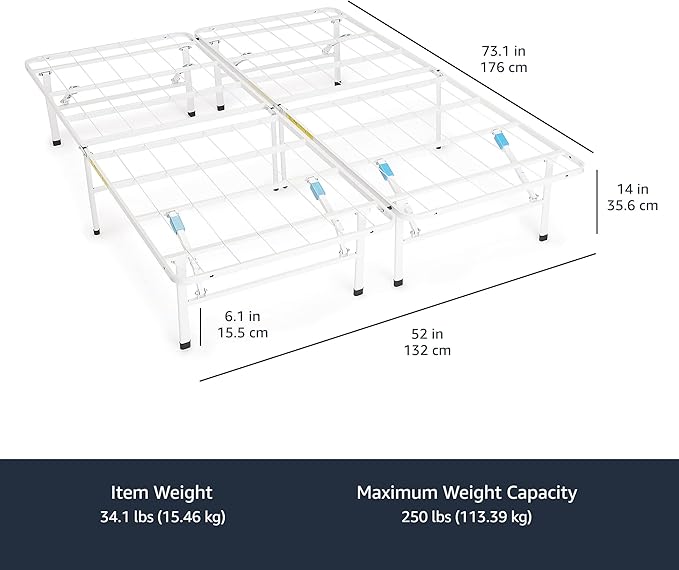Amazon Basics Platform Bed Frame Full, Foldable Metal, Tool-Free Setup, 14 Inches High, White