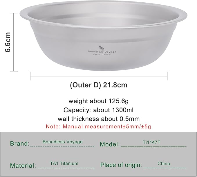 Boundless Voyage Titanium Camping Plate Bowl Set Rice Soup Salad Stackable Serving Bowls Ultralight Dinnerware Set Dishwasher Safe 1300ml ti1147t