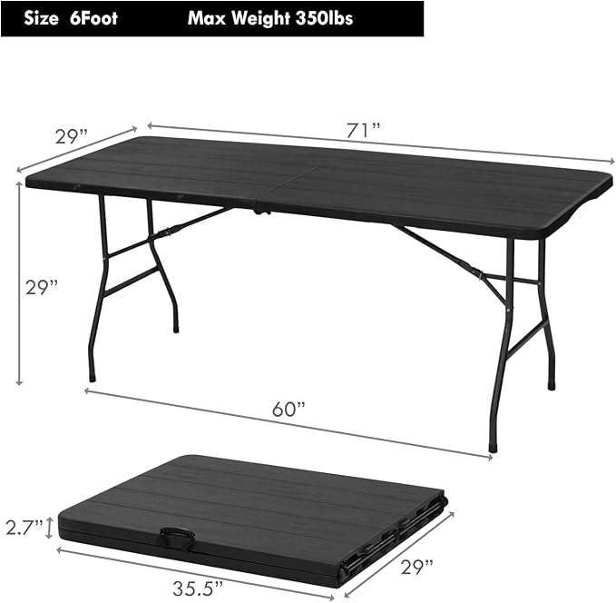 6ft Table, Foldable Table with Foldable, Easy to Carry, for Family Gatherings, Outdoor Gatherings, Indoor