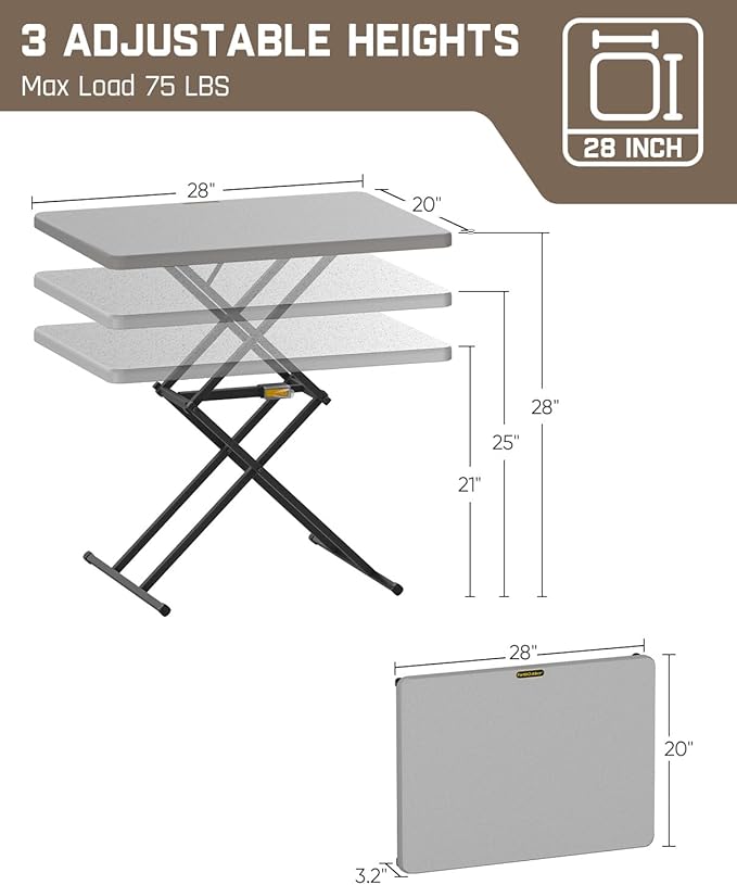 FanttikOutdoor Folding Table, One-Handed Height Adjustment, 3 Heights, Multi-Functional Small Folding Table 28 inch, TV Tray, Portable Dinner Table, No Assembly, 1 Pack, Grey Zeta X1 Pro