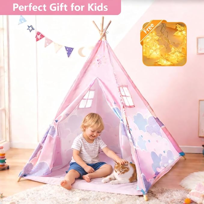 Pink Pony Teepee Tent for Bedroom,Cat Teepee Tent Reading Tent for 3–6 Year Old Toddle with Light & Mat, Cozy Hideout Girls'Bedroom Décor,Girl Sleepover Party, Cat House