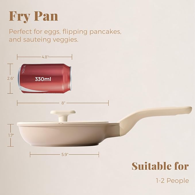 PRICUSIS Nonstick Frying Pan with Lid, Healthy Skillet, Egg Pan Nonstick Omelet Pan Chef's Pan, PFOA & PTFE Free, Induction Compatible (8Inch W/L Natural Linen)