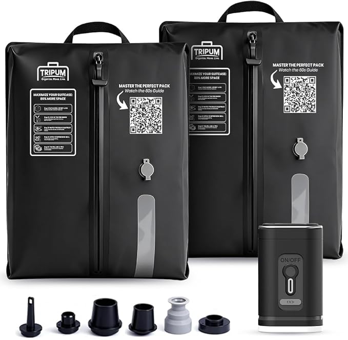 Duo 2 Pack Vacuum Seal Bags for Clothing Travel with Pump - Travel Vacuum Bags with Pump for Luggage + USB Charging Cable & Pouch, Space Saver Rechargeable Packing Kit for Suitcases & Backpacks