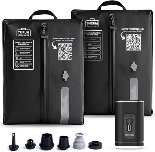 Duo 2 Pack Vacuum Seal Bags for Clothing Travel with Pump - Travel Vacuum Bags with Pump for Luggage + USB Charging Cable & Pouch, Space Saver Rechargeable Packing Kit for Suitcases & Backpacks