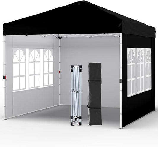 Shades 10x10 Pop Up Canopy with 3 Sidewalls & 4 Sandbags,Heavy Duty Beach Tent with Portable Bag,Sun Shelter for Parties,Events,Outdoor Gazebo with 420D Coated Waterproof Black Fabric