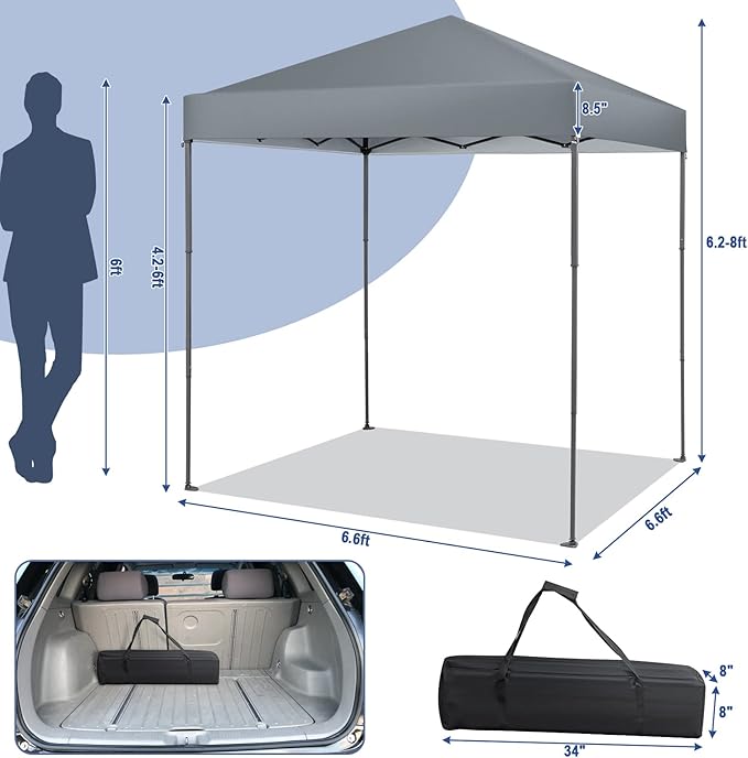 6.6 x 6.6 Ft Pop Up Canopy, 1 Person Instant Setup Canopy Tent with Push Center Lock, 8 Stakes, 4 Ropes & Carrying Bag, Portable Easy Up Gazebo Shelter for Outdoor Camp, Beach, Patio & Party