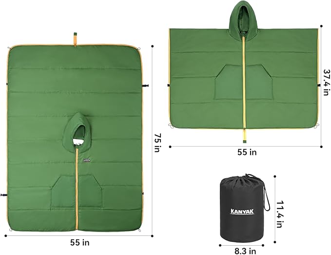 Hooded Poncho Blanket, Wearable Camping Blankets, Large Stadium Poncho Windproof & Water-Repellent, 75 * 55 inch, Portable & Warm, for Outdoor, Sports, Concerts, Travel, Picnic, Car, Survival, Hunting
