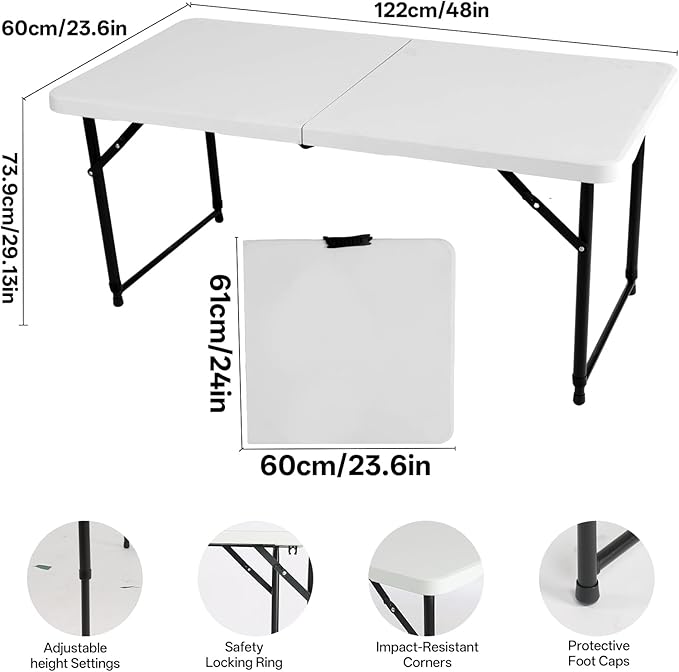 4FT Portable Folding Table, Adjustable Height, Easy Storage for Outdoor Camping, Picnic, Party