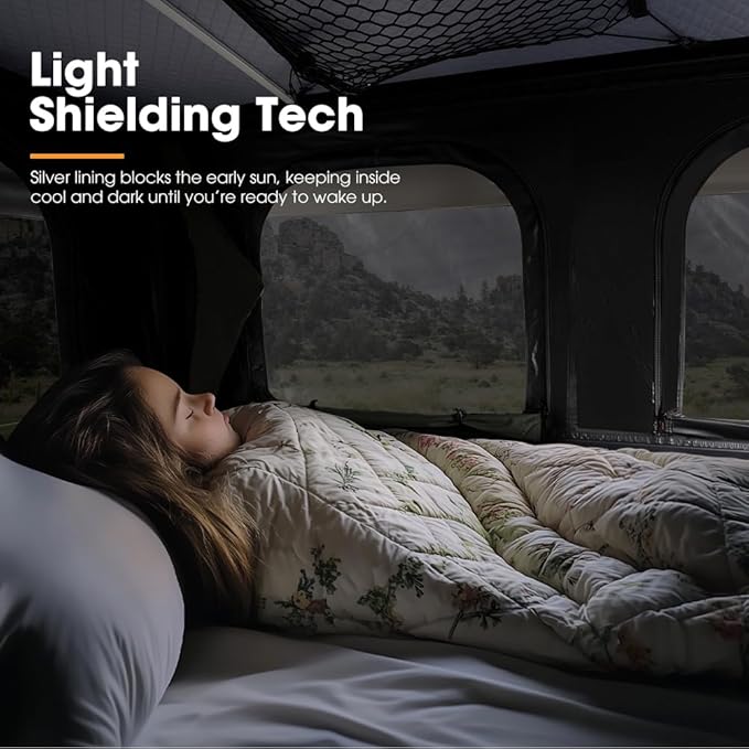 SanHima Rooftop Tent Hard Shell - Gibb Overland Aluminium Roof Top Tent 360° View, w/Tri-Color LED Strip Light & 1.97” Thick Mattress, for Car SUV Truck Camping, 2-3 People