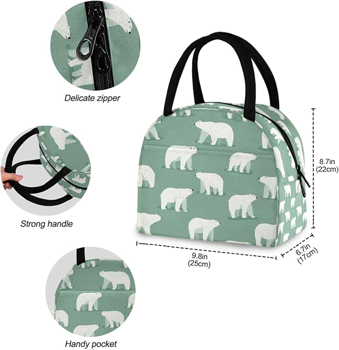 Kcldeci Kids Lunch Bag Insulated Lunch Box for Boys Girls Mint Polar Bears Reusable Toddler Leak-proof Lunchbox for School and Daycare