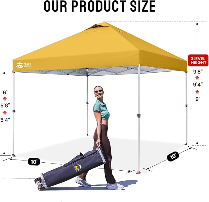 Crown Shades 10x10 Pop Up Canopy - Beach Tent with One Push Setup - Outdoor Sun Shade for Events, Parties, Camping - Gazebo with STO-N-Go Cover Bag, Silver Coated Top, 3 Height& 4 Sand Bags, Yellow