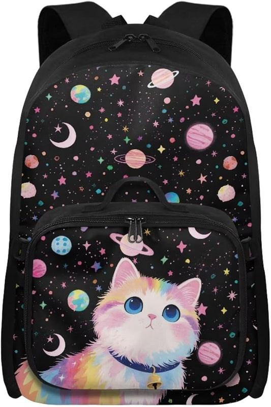 HUGS IDEA Cosmic Cat Backpack for School Girls 3th Grade School Bag for Kids 17 Inch Students Bookbag Lightweight School Bookbag for Girls with Lunch Bag Large Kids Travel Daypack