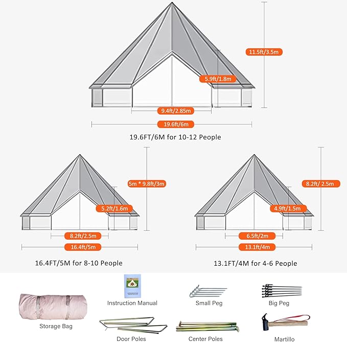 GarveeLife Canvas Bell Tent, 4 Seasons Yurt Tent with 2 Stove Jack, 4 Mesh Zippers Windows, Breathable Waterproof Tent Suitable for 4-12 People, Family Camping Outdoor Party