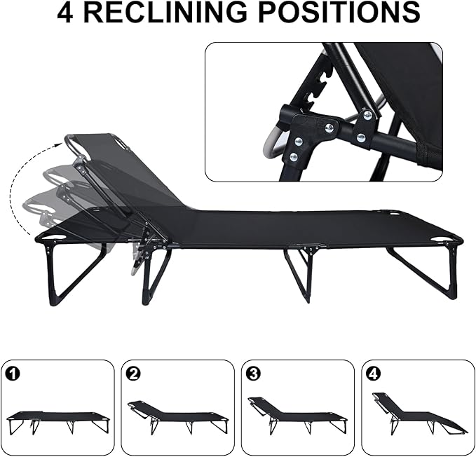 Cots for Sleeping with Mattress, Adjustable 4-Position Adults Folding Camping Cot with Pillow, Outdoor Lounge Chair, Sleeping Cots for Outside, Sunbathing, Camping, Pool, Beach, Patio Black