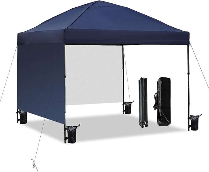 10x10 Pop Up Canopy Tent with 2 Sidewalls, Easy Up Canopy Outdoor Party Sun Shade Tent Portable Gazebo for Beach Camping Events with Carry Bag and 4 Sand Bags (Navy Blue)