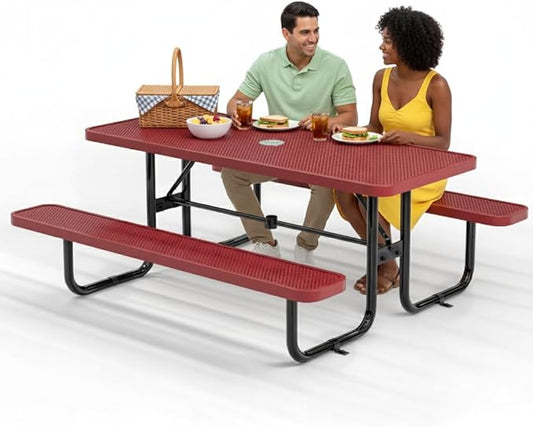 Metal Picnic Furniture for Outdoors with Umbrella Hole - Coated Steel Heavy Duty Commercial Grade Table with Adjustable Seats, Patio Set for a Lifetime (Red, 6' Rectangular, Punched Steel)