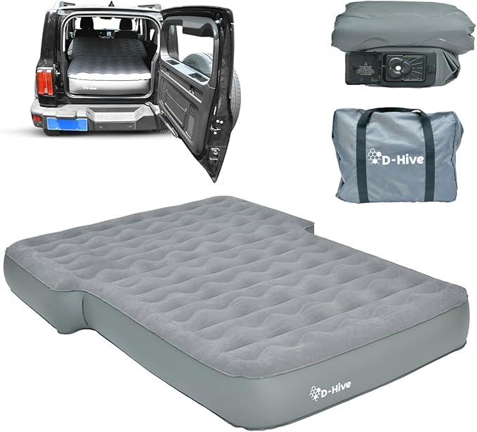 D-Hive SUV Air Mattress, Ultra-Thick Material Extra-High Car Air Mattress, SUV Mattress for Toyota 4runner, Car Mattress w/Built-in Pump Inflatable Car Air Mattress Grey