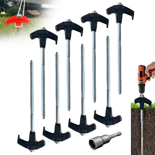 8" Screw in Tent Stakes - Ground Anchors Screw in, 2024 Upgraded Drillable Tent Stakes, Heavy Duty Metal Stake Ground Anchor Peg Threaded Tent Spikes with 1 Hex Head Driver