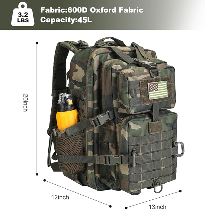 45L MOLLE Assault Backpack, Tactical Backpack Military Army Camping Rucksack with Bottle Holder, 3-Day Pack Trip w/USA Flag Patch, D-Rings, US Woodland