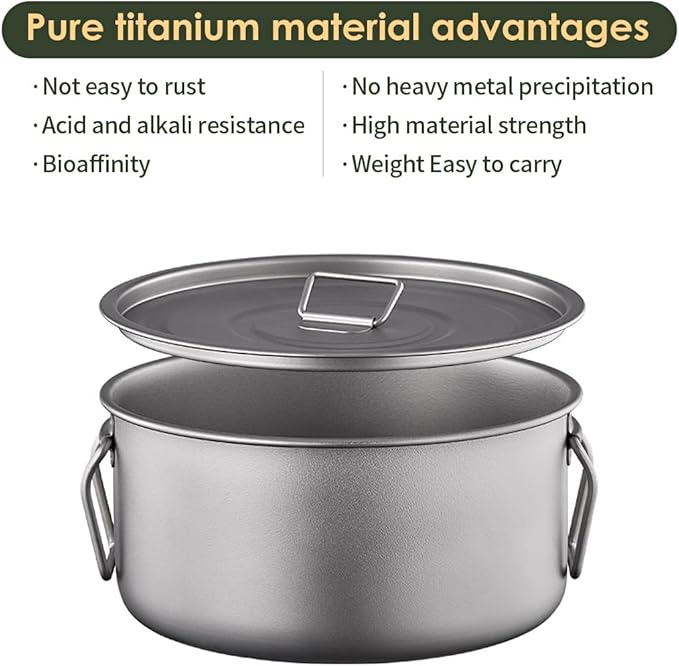 BY-J 3 Piece-Set, Outdoor Titanium Frying Pan & Pot with Lid Folding Handle Camping Hanging Cookware Hiking Picnic Ultralight Bowl Tableware