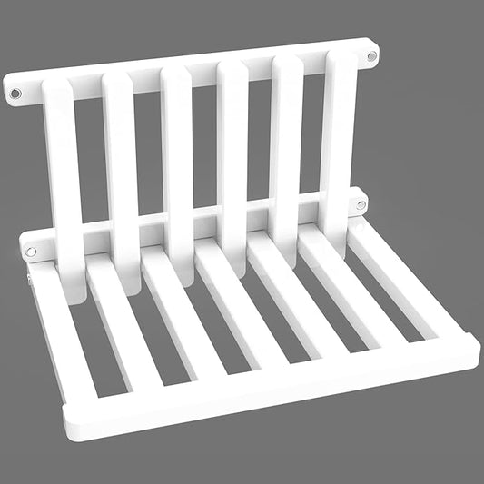 The folding stool is made of oak wood and can bear a weight of 400 pounds. When unfolded, it measures 1.5" by 1", providing comfort and safety. The thickness is 2" (White paint)