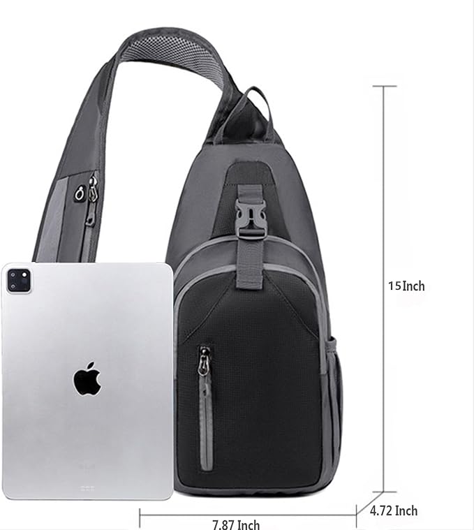 Sling Bag for Mens Crossbody Bag Travel Sling Backpack Hiking Daypack Chest Bag Shoulder Bag, Large Cross Body Bag with Chest Phone Holder Black&Grey