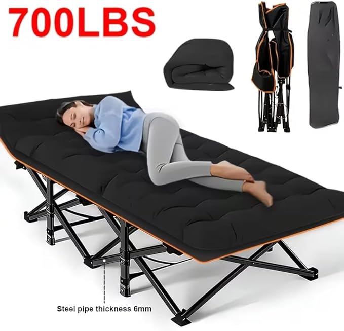 700LBS, Extra-Large Folding Outdoor Camping Bed with Mattress, Portable Folding Guest Bed, Heavy-Duty Sleeping bedwith Storage Bag, Suitable for Travel and Leisure (Black 700lbs)