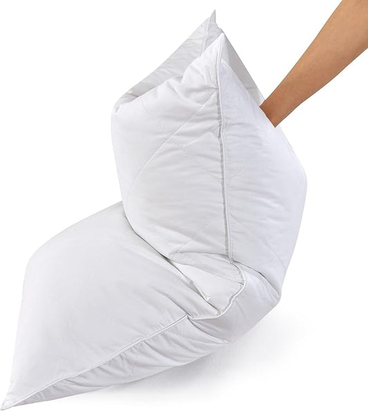 Three Geese White Goose Feather Polyester Bed Pillows Queen Size Set of 2- Soft 600 Thread Count 100% Cotton, Medium Firm,Soft Support Surround Fill Polyester (Queen Size:Pack of 2)