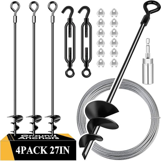 27in 4 Pack Ground Anchors with 3/16" Galvanized Cable Shed Anchor Kit, Trampoline Stakes Anchors High Wind – Ideal for Canopies, Sheds, Car Ports, Swing Sets Gazebo Greenhouse (27 in of 4 Pcs)