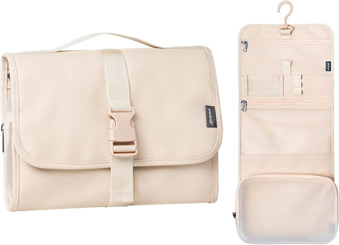 pack all Hanging Travel Toiletry Bag, Foldable Cosmetic Bag with Multiple Compartments, Water-Resistant Makeup Bag for Toiletries, Accessories (Light Beige)