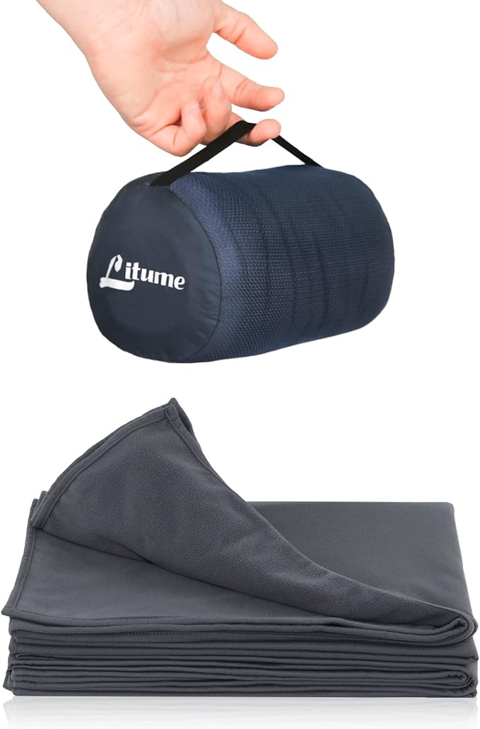 Litume Travel Camping Blanket Lightweight and Breathable, 67 x 48 in Soft Airplane Flight Blanket for Travelers, Foldable Sheet with Stuff Sack for Train, Camp, backapcking, Office, Home (E651 Grey)