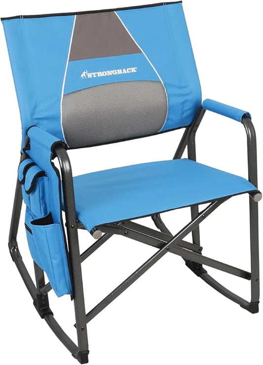 STRONGBACK Outdoor Chair Director Portable Camping Chair with Lumbar Support - Cupholder &Pocket Included - Heavy-Duty Foldable Chair - Rocker/Blue