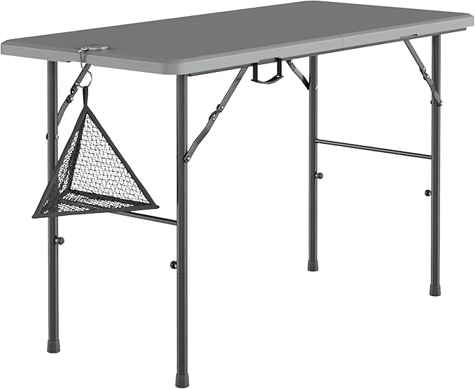 VECELO Folding Table 4 Foot with Mesh Bag, Indoor Outdoor Heavy-Duty Portable w/Handle,Fold-in-Half for Picnic, Party, Camping, Light Grey