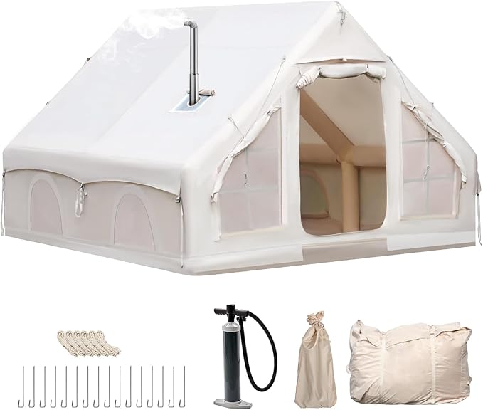 Inflatable Camping Tent, Glamping Inflatable Tent for Camping, 4 Season Water&Windproof Outdoor Oxford Blow Up Cabin Tent with Mesh Windows & Doors for 4-8 People Camping