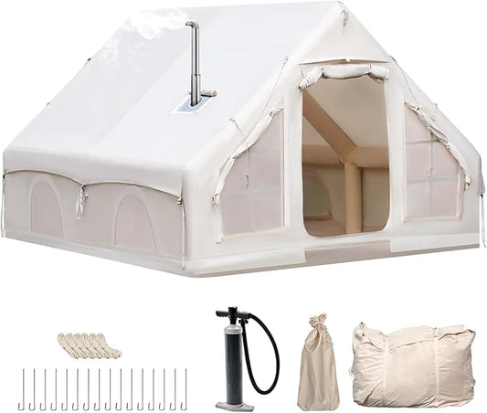 Inflatable Camping Tent, Glamping Inflatable Tent for Camping, 4 Season Water&Windproof Outdoor Oxford Blow Up Cabin Tent with Mesh Windows & Doors for 4-8 People Camping