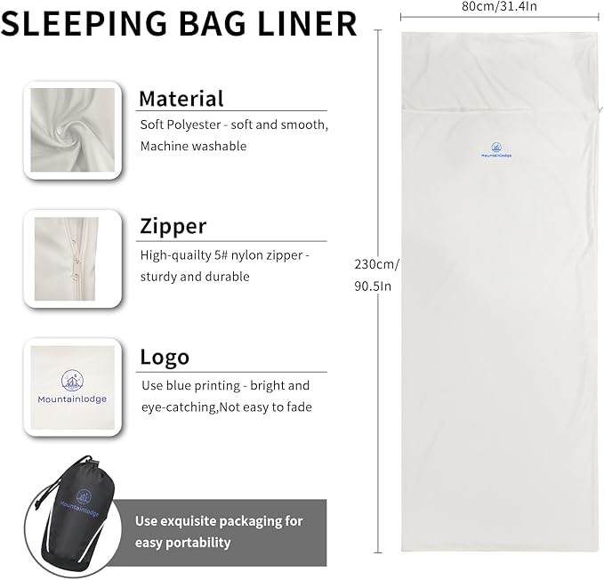 Mountainlodge Sleeping Bag Liner for Warm Weather Seasons with Carry Bag - Protable,Lightweight and Skin-Friendly Sleeping Bag for Camping,Hiking and Backpacking.