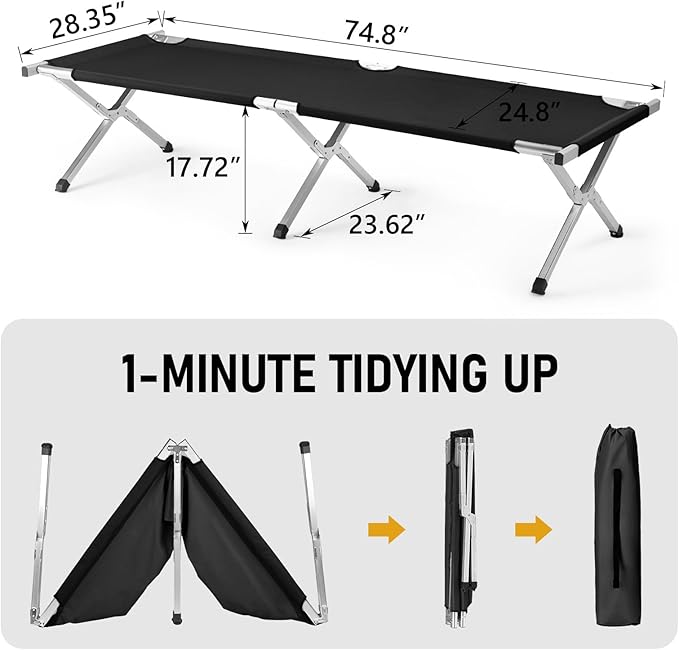 Camp Bed, Portable Folding Camping Cot for Adults,Indoor Outdoor Portable Sleeping Cot for Hiking, Camping with Carrying Bag Army (Black)